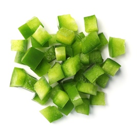 Photo of Pile of chopped green bell pepper on white background, top view