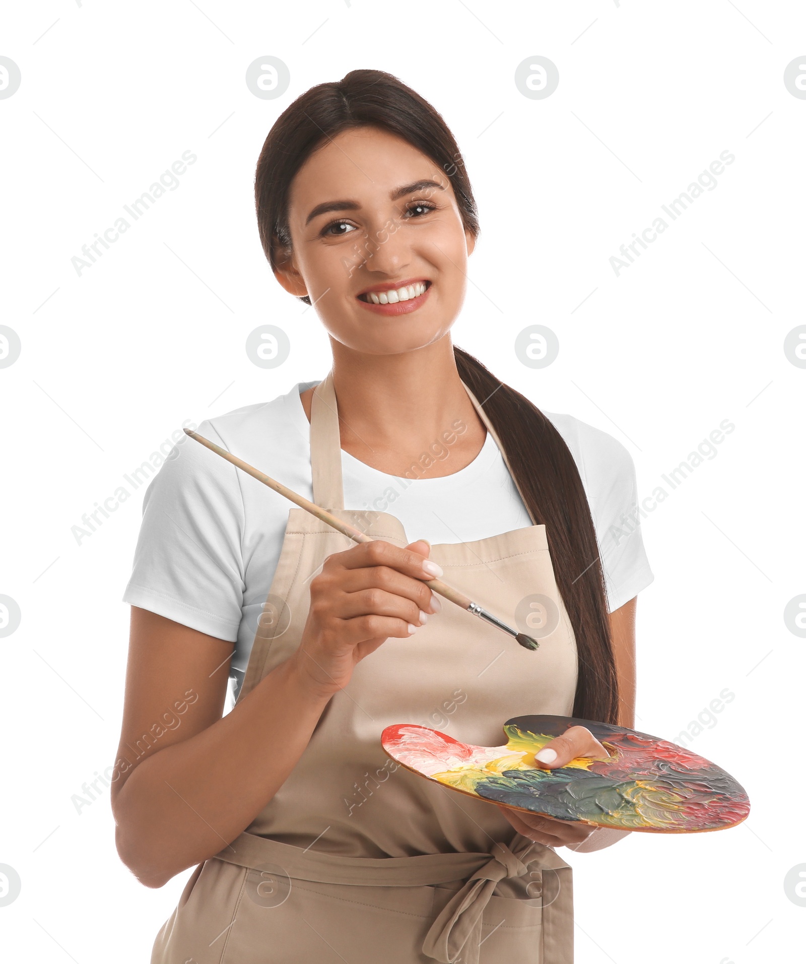 Photo of Young woman with drawing tools on white background