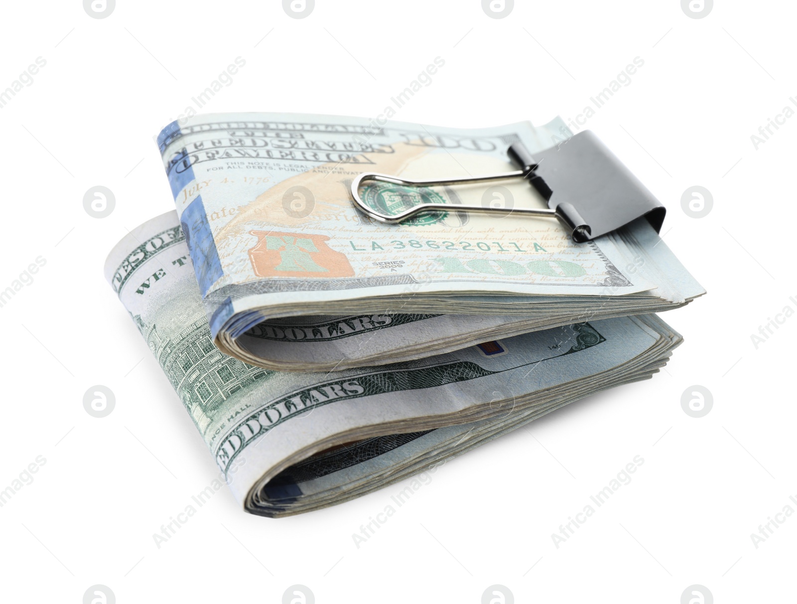 Photo of Dollar banknotes with paper clip on white background