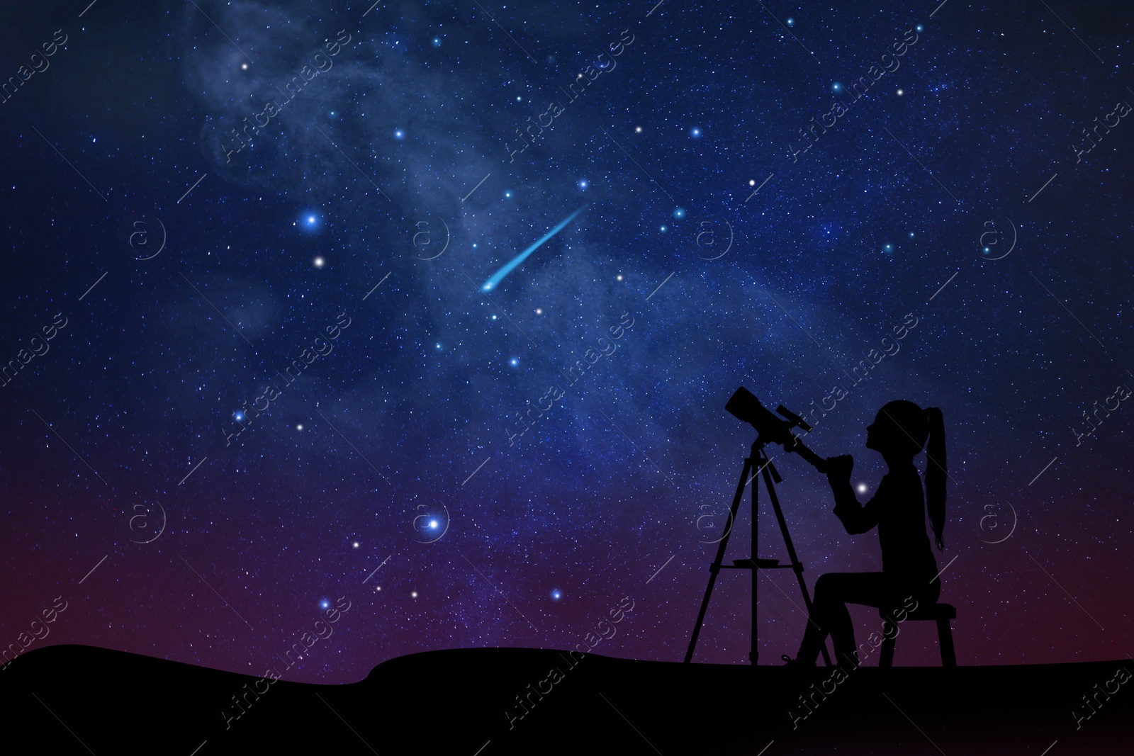 Image of Astronomy. Silhouette of little girl with telescope at starry night outdoors. Space for text