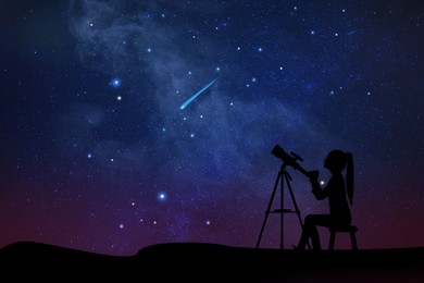 Astronomy. Silhouette of little girl with telescope at starry night outdoors. Space for text