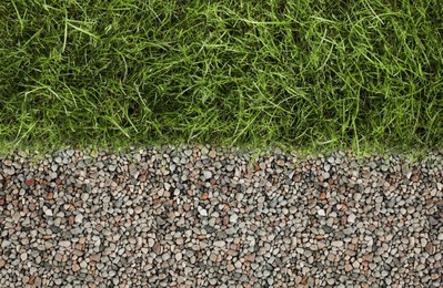 Image of Fresh green grass and stones outdoors, top view