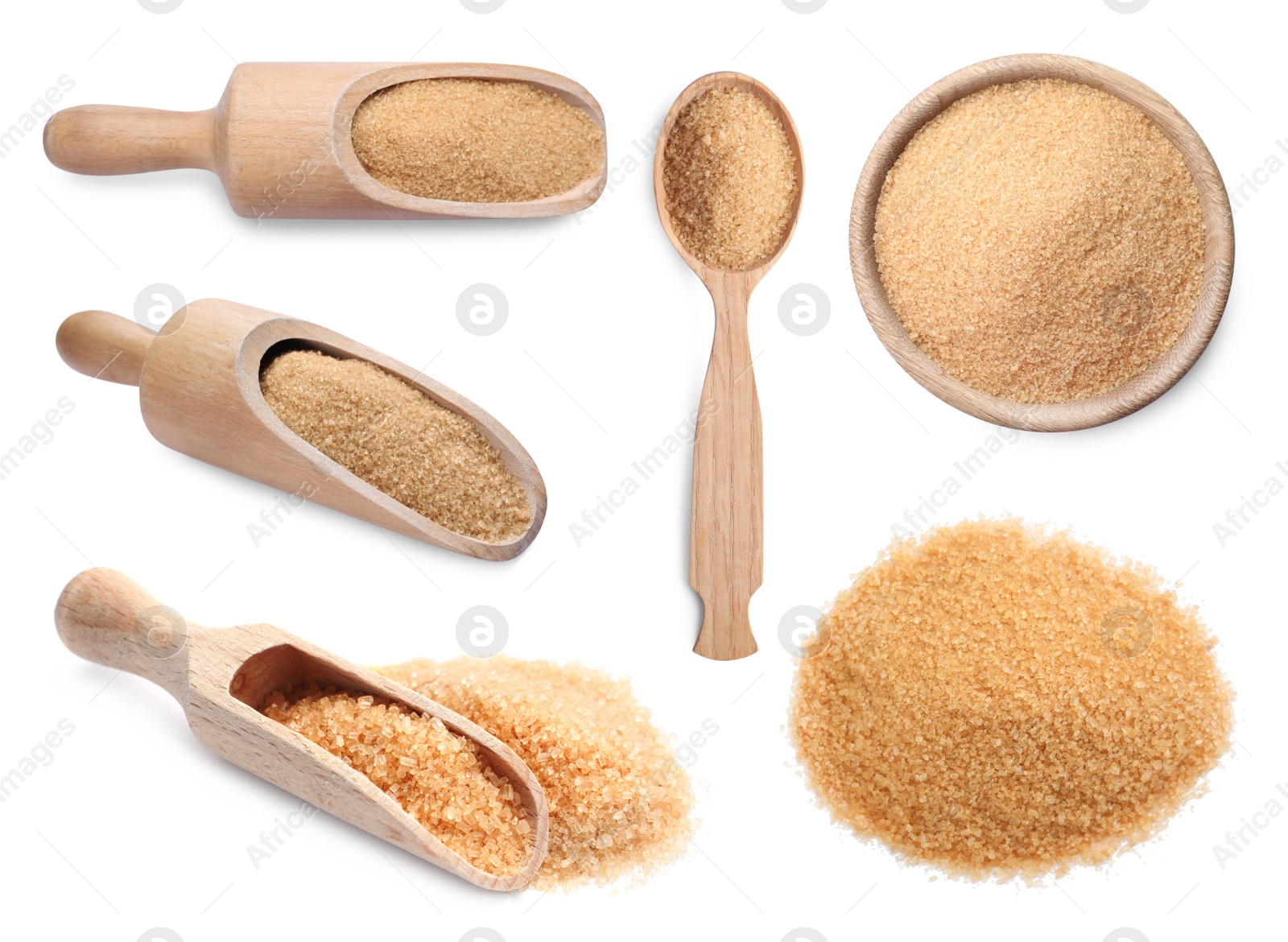 Image of Brown sugar in scoops, spoon and bowl on white background