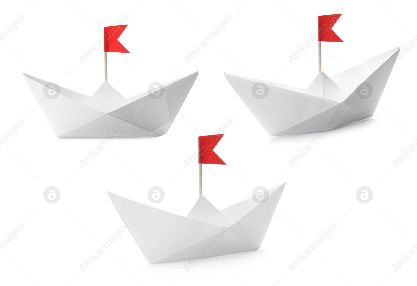 Image of Paper boats with red flags on white background, collage