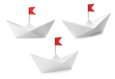 Image of Paper boats with red flags on white background, collage