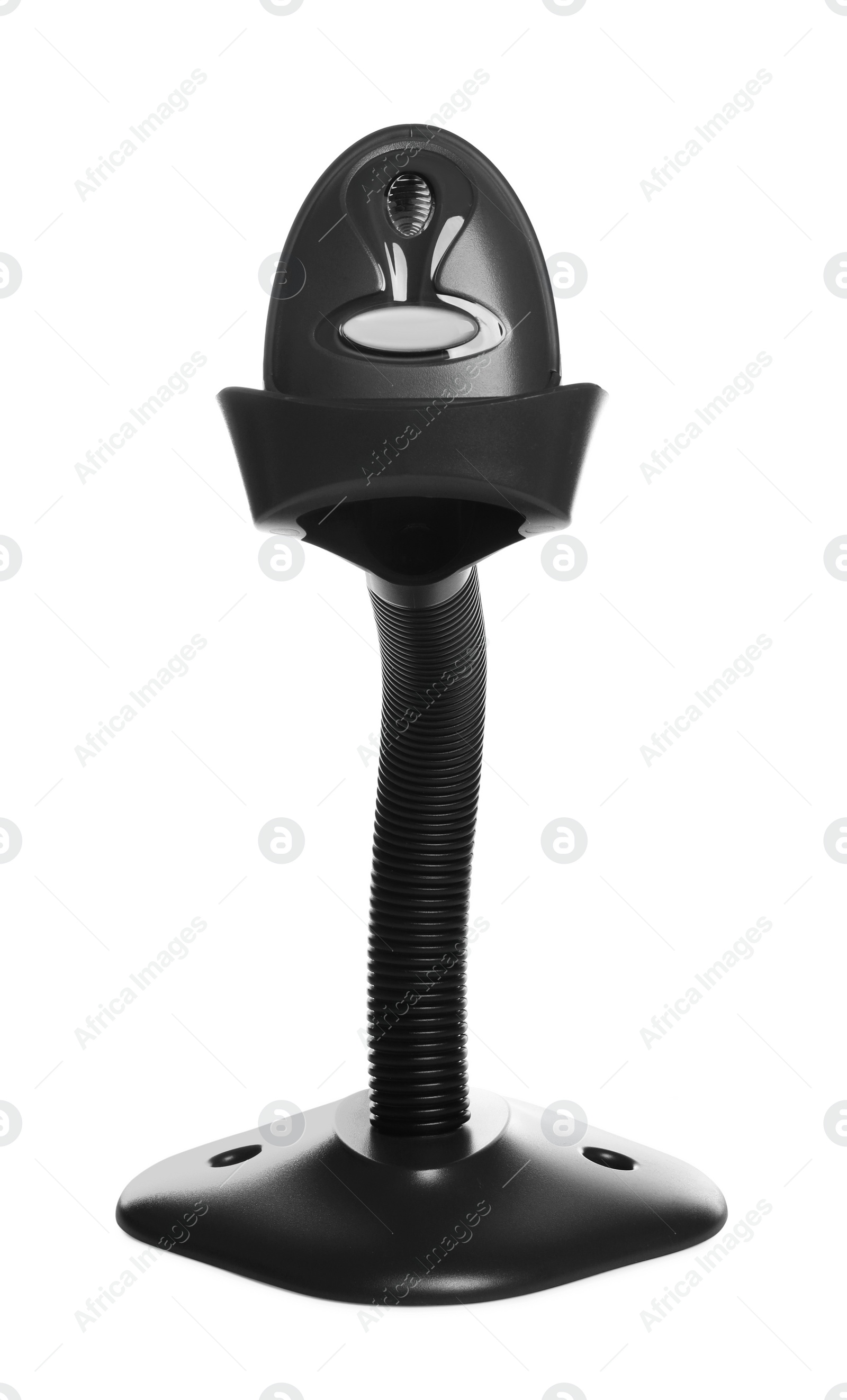 Photo of Stand with barcode scanner isolated on white