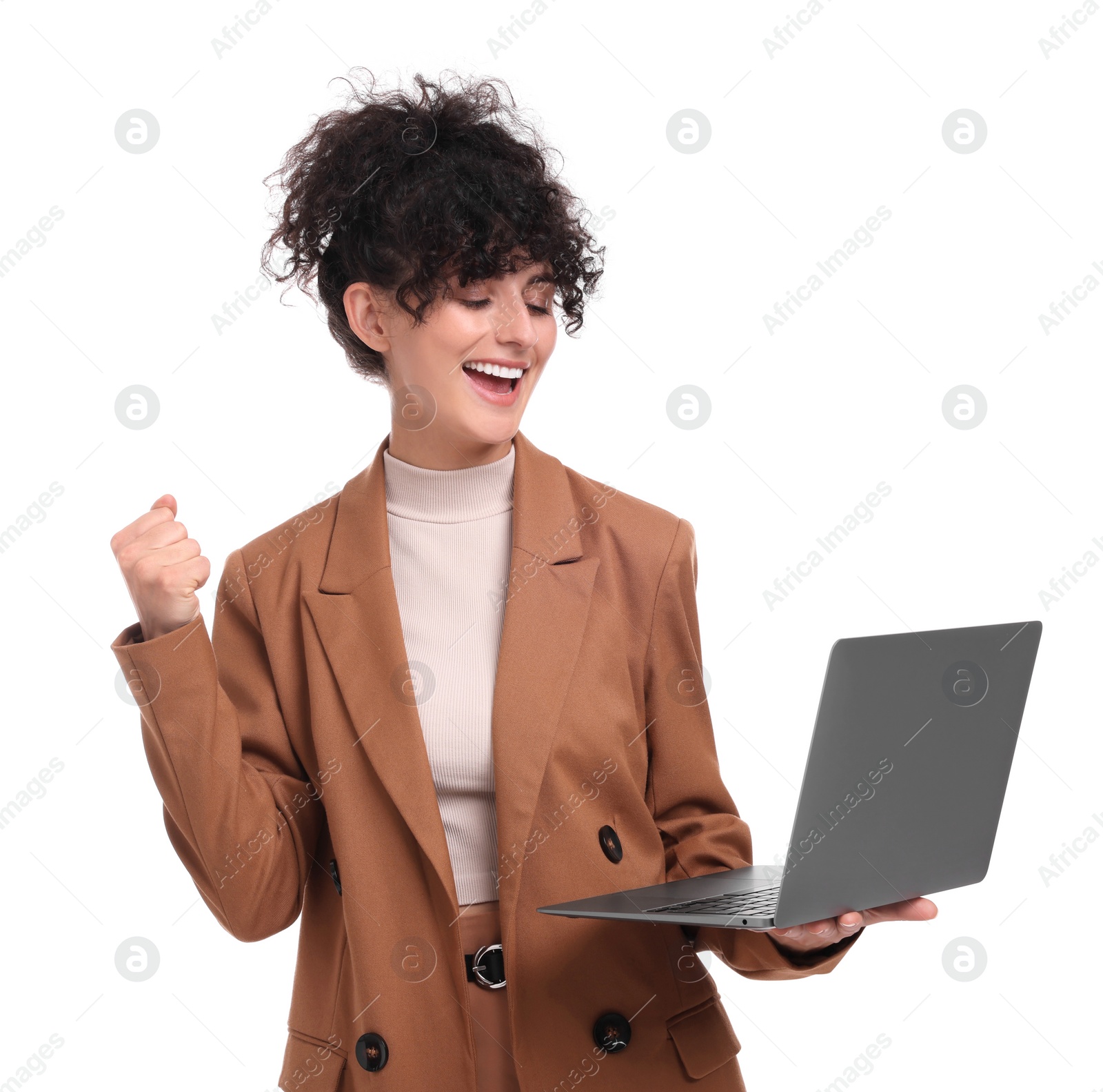 Photo of Beautiful happy businesswoman using laptop on white background