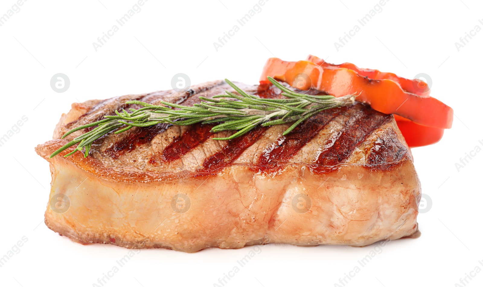 Photo of Delicious grilled beef steak with peppers and rosemary isolated on white