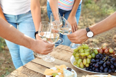 Friends drinking white wine on vineyard picnic