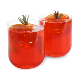 Photo of Aperol spritz cocktail, orange slices and rosemary in glasses isolated on white