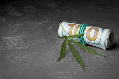 Hemp leaf and rolled money on stone grey background, closeup. Space for text