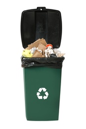 Trash bin with garbage on white background. Waste recycling