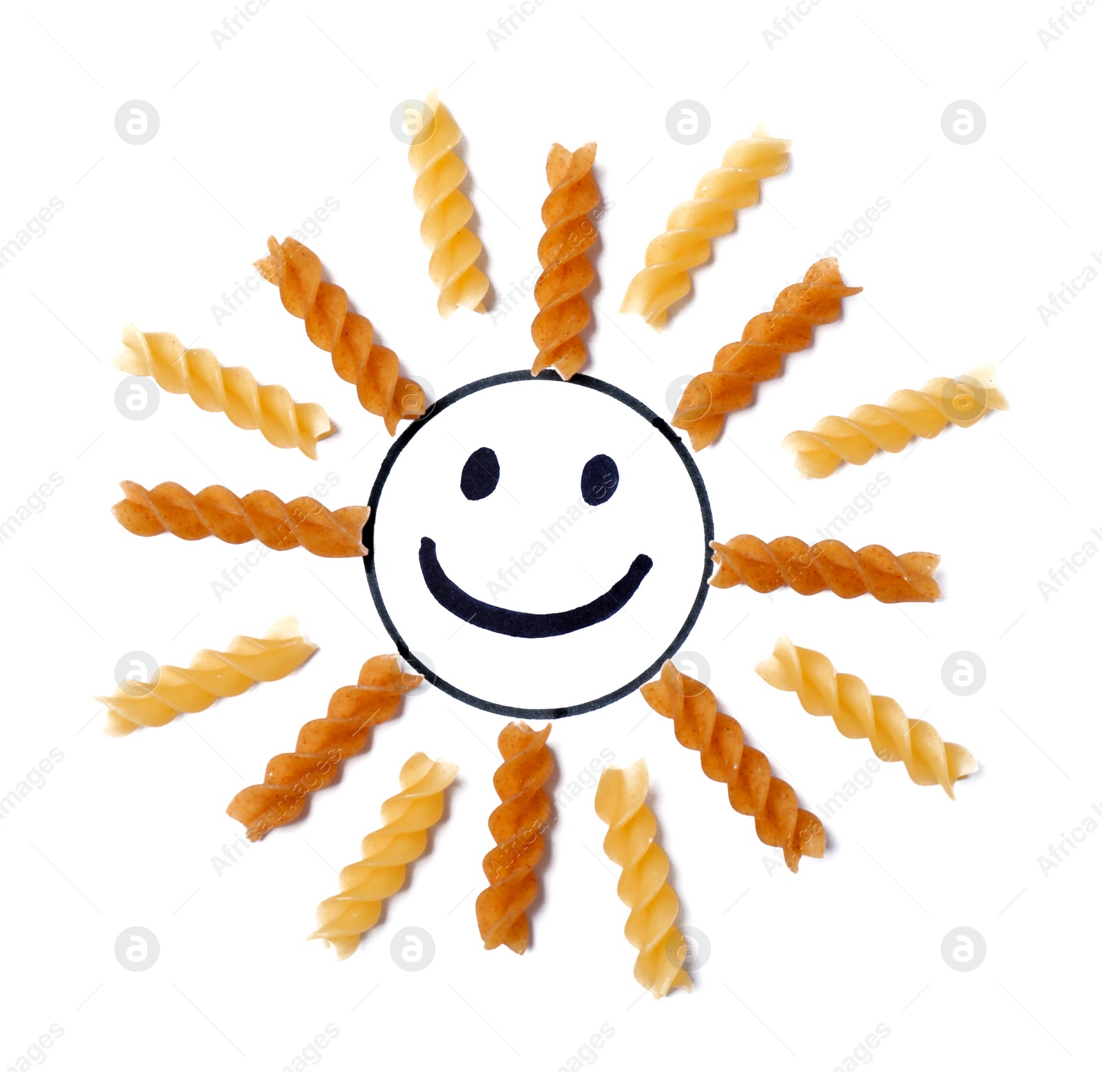 Photo of Sun made with fusilli pasta on white background, top view