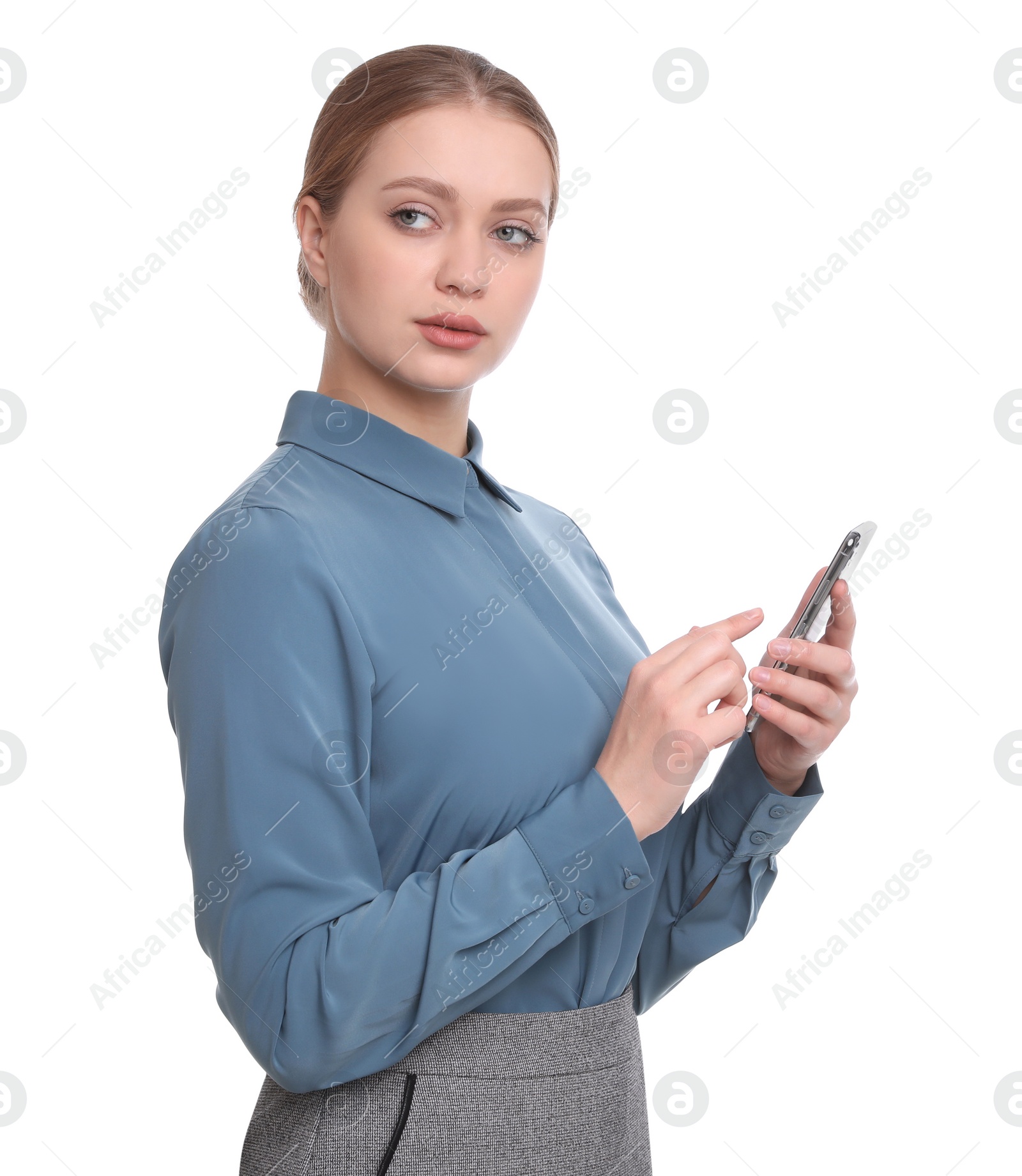 Photo of Young businesswoman with mobile phone on white background