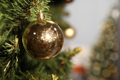 Photo of Christmas tree with golden ball, closeup. Space for text