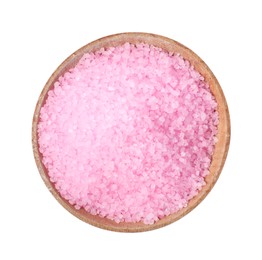 Photo of Wooden bowl with pink sea salt on white background, top view