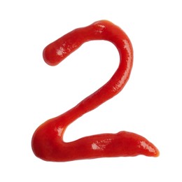 Photo of Number 2 written with ketchup on white background