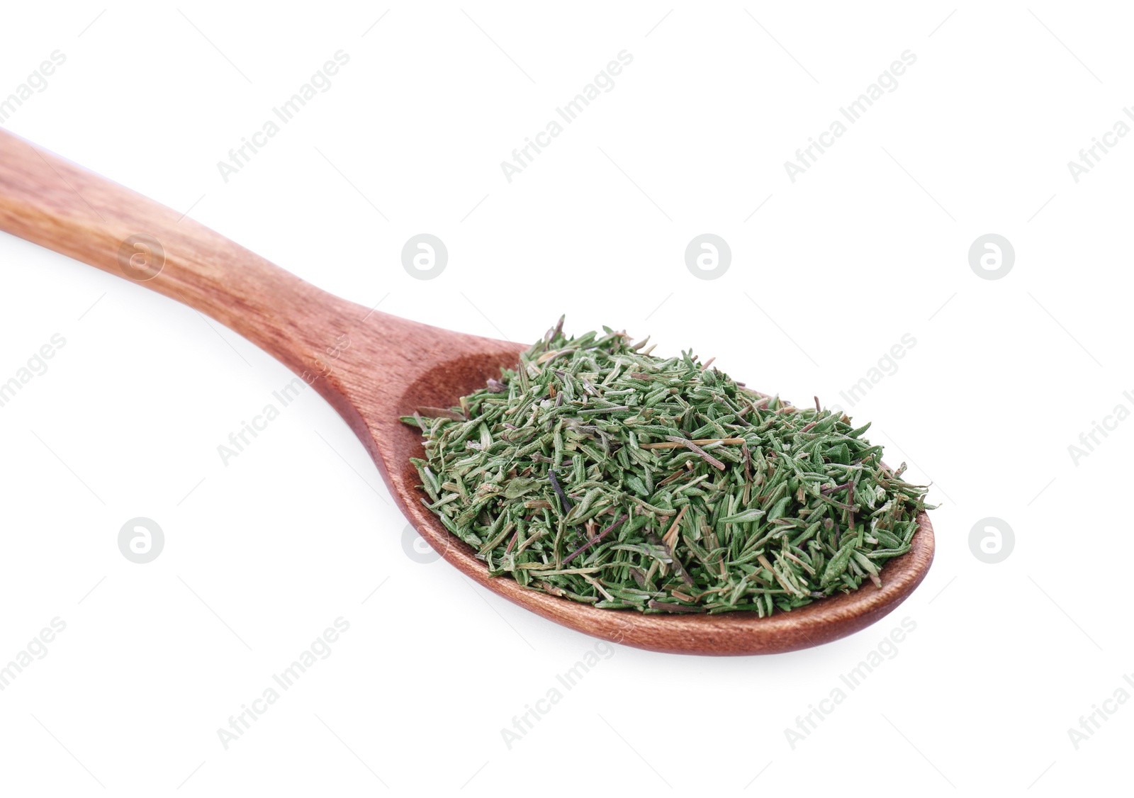 Photo of Spoon of dried thyme isolated on white