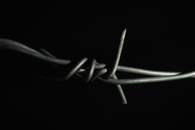 Metal barbed wire on black background, closeup