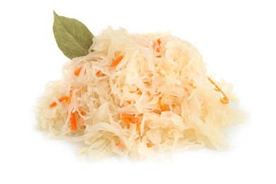 Photo of Tasty sauerkraut with carrot and bay leaf on white background