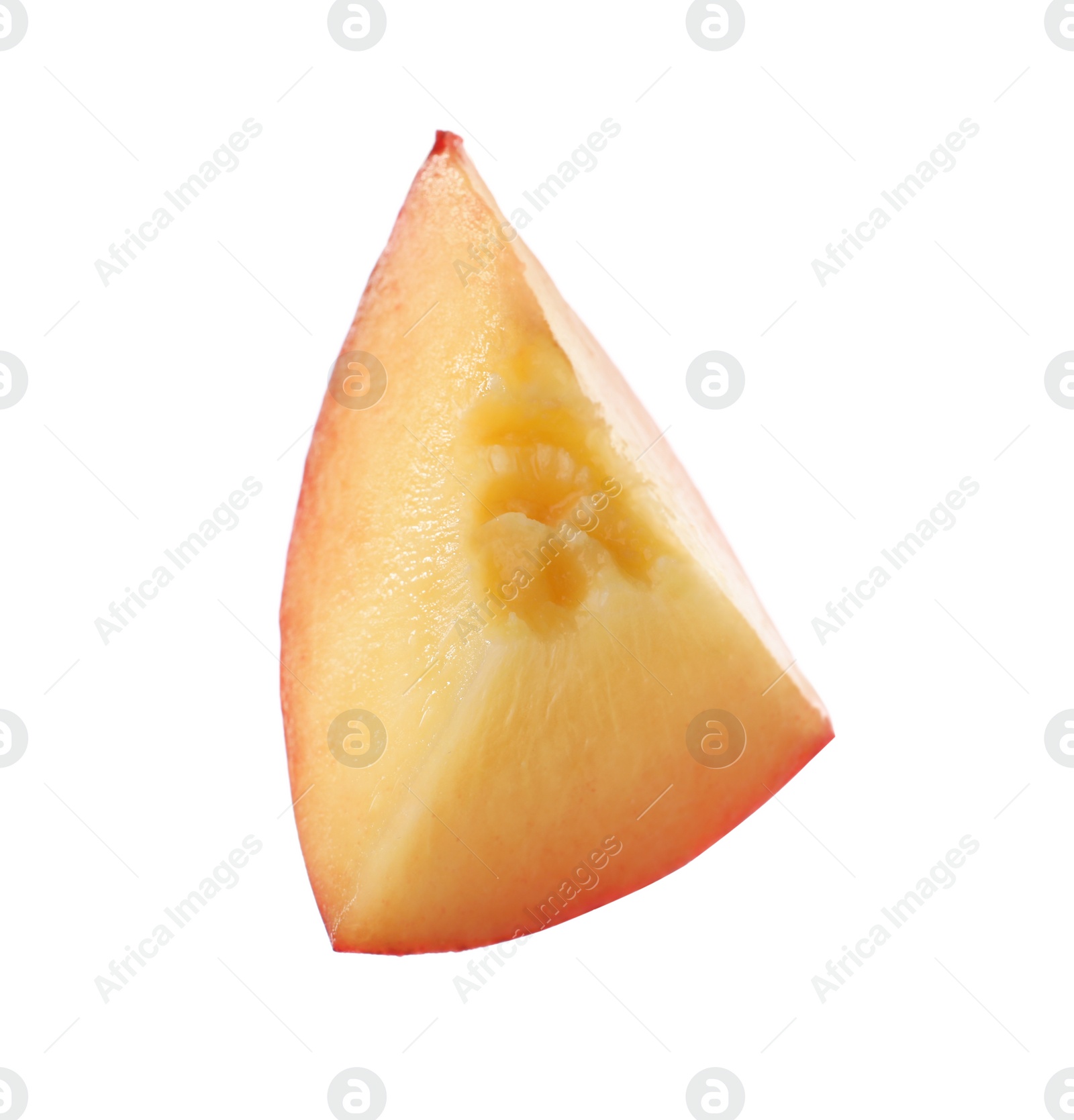 Photo of Slice of sweet juicy peach on white background