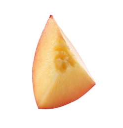 Photo of Slice of sweet juicy peach on white background