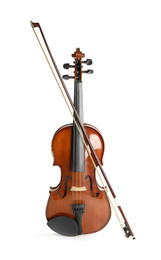 Photo of Classic violin and bow on white background. Musical instrument