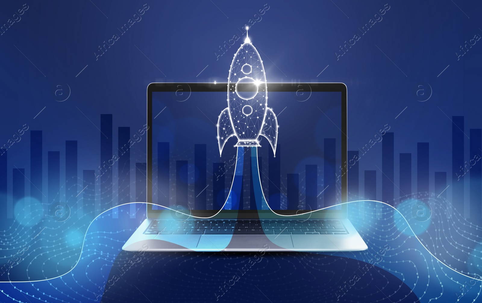 Image of Business startup concept. Illustration of launching rocket with smoke over laptop and graph against blue background