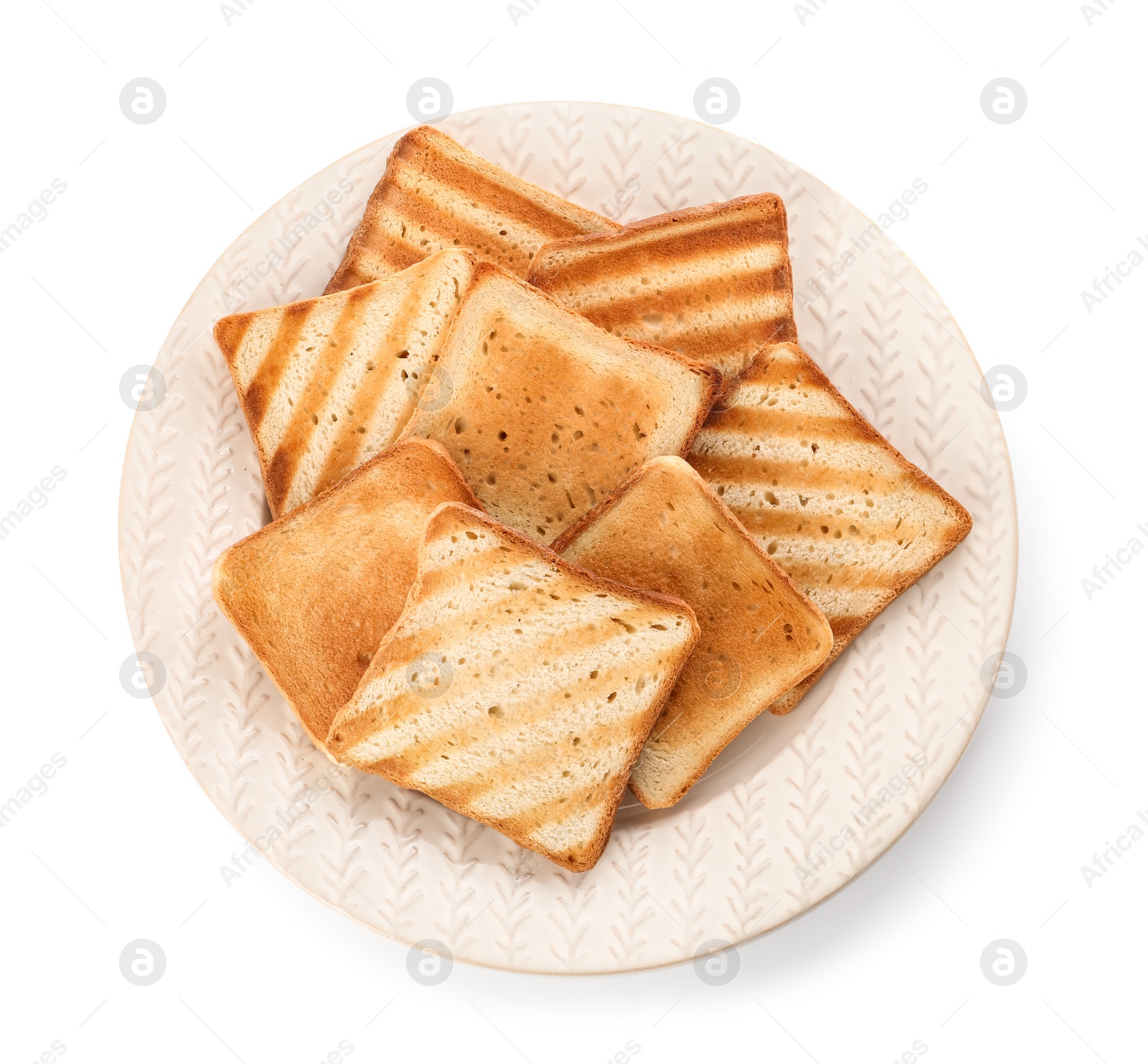 Photo of Plate with slices of delicious toasted bread on white background, top view