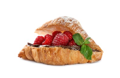 Photo of Delicious croissant with raspberries, chocolate and mint isolated on white