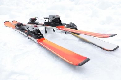 Modern skis on white snow. Winter vacation