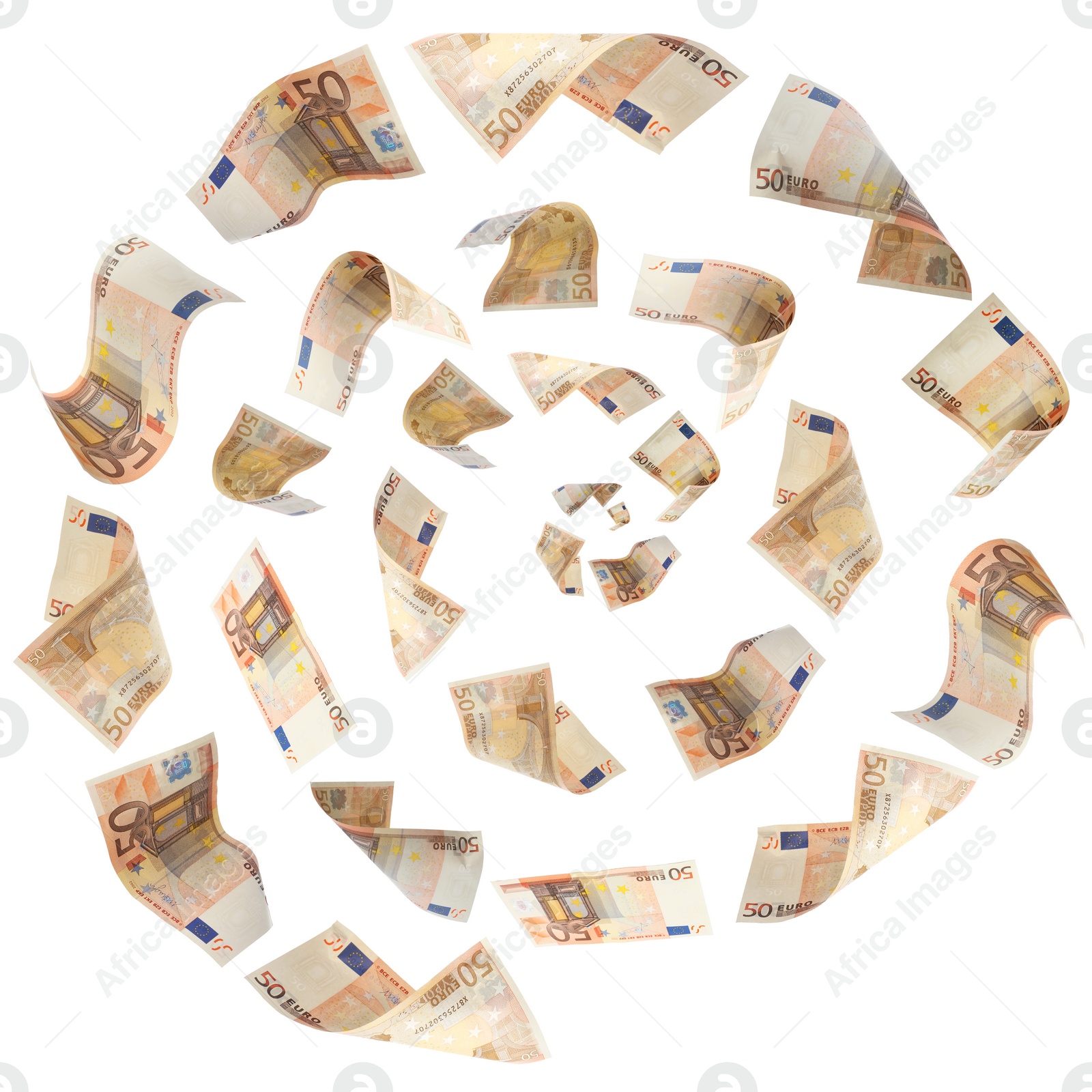 Image of Whirl of euro banknotes flying on white background
