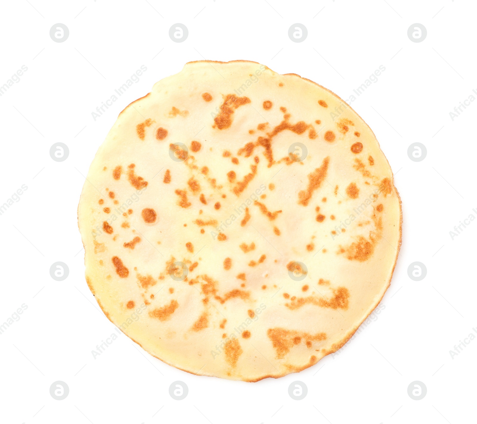 Photo of One delicious crepe isolated on white, top view