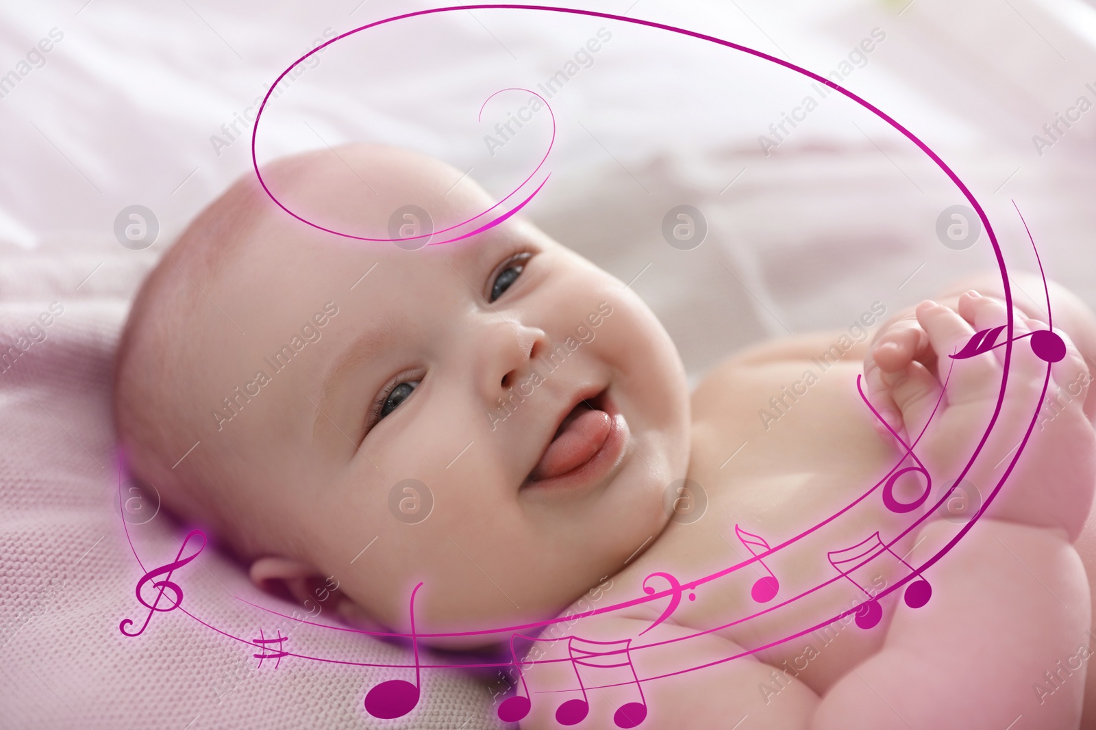 Image of Flying music notes and cute little baby lying on bed, closeup. Lullaby songs 