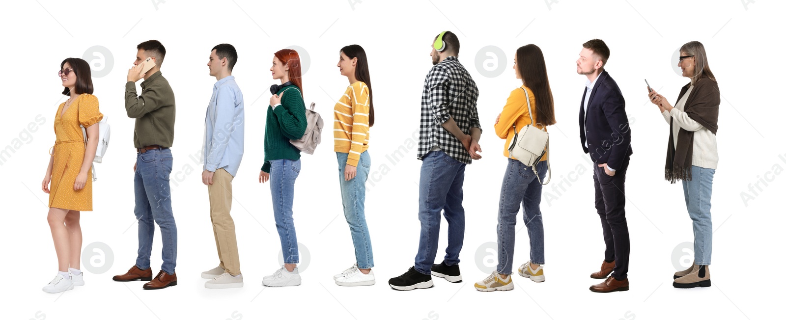 Image of People waiting in queue on white background