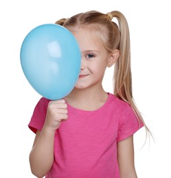Photo of Cute little girl with light blue balloon on white background