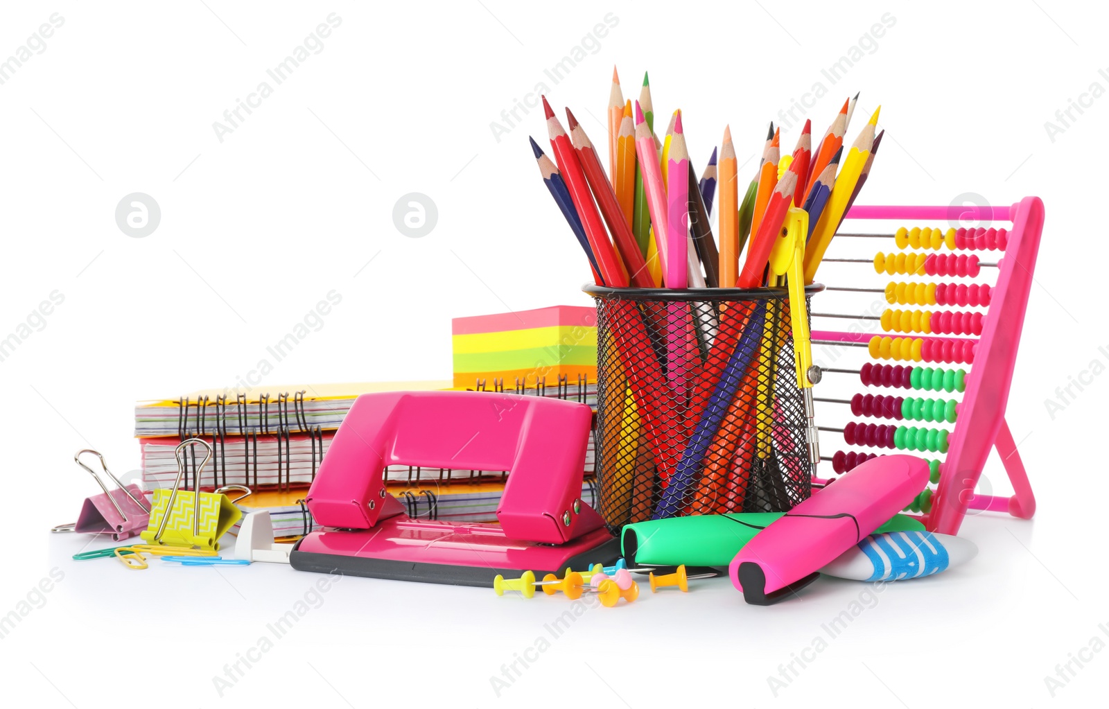 Photo of Different colorful stationery on white background. Back to school