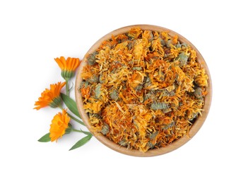 Photo of Wooden bowl with dry and fresh calendula flowers on white background, top view