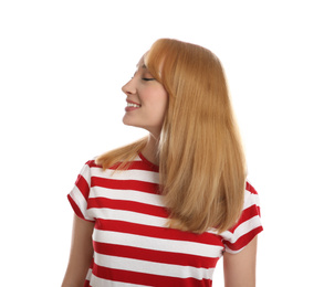 Photo of Portrait of beautiful young woman with blonde hair on white background