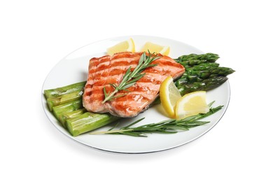 Photo of Tasty grilled salmon with asparagus, lemon and rosemary on white background