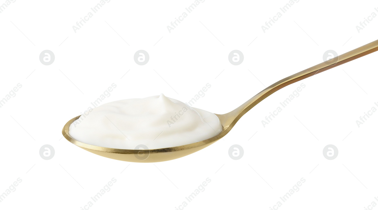 Photo of One golden spoon with mayonnaise isolated on white