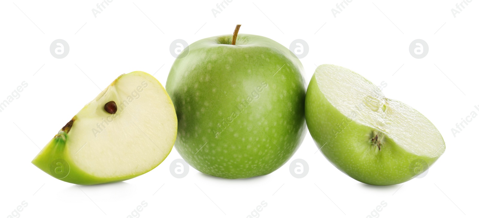 Image of Cut and whole green apples on white background. Banner design