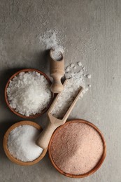 Photo of Different natural salt on grey textured table, flat lay