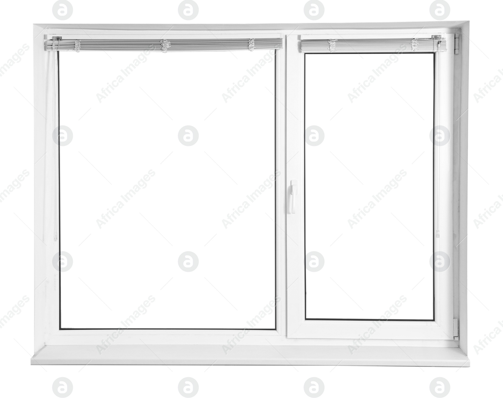 Image of Modern window with open blinds on white background