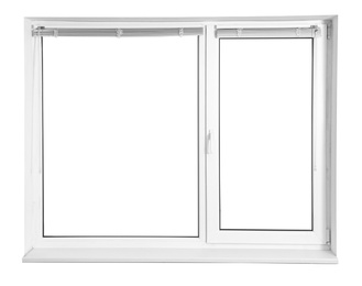 Modern window with open blinds on white background