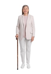 Photo of Senior woman with walking cane on white background