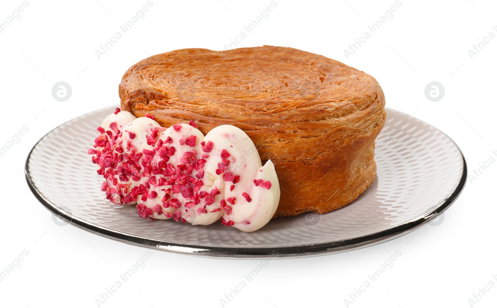 Photo of Round croissant with cream isolated on white. Tasty puff pastry