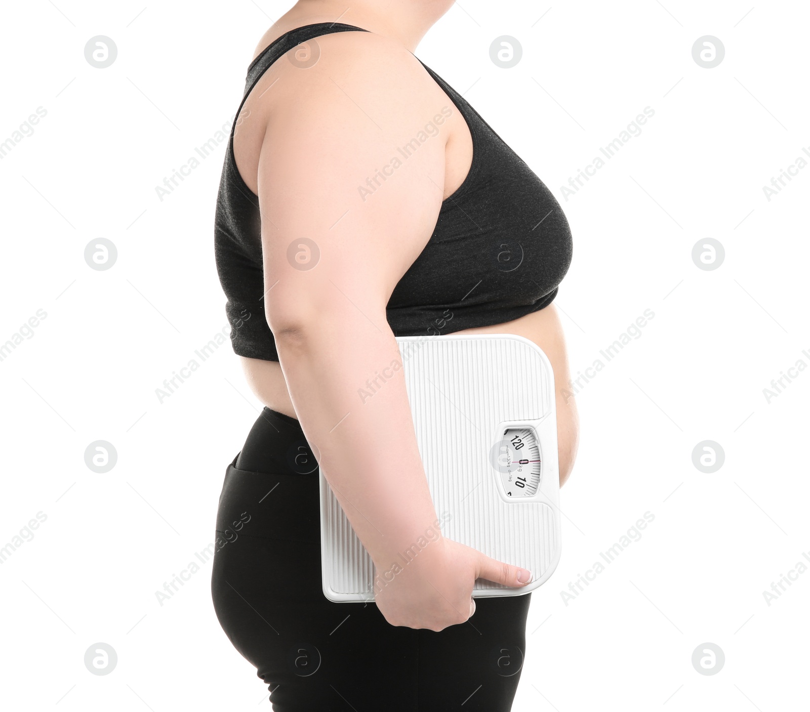 Photo of Overweight woman with scales on white background