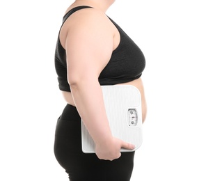 Photo of Overweight woman with scales on white background