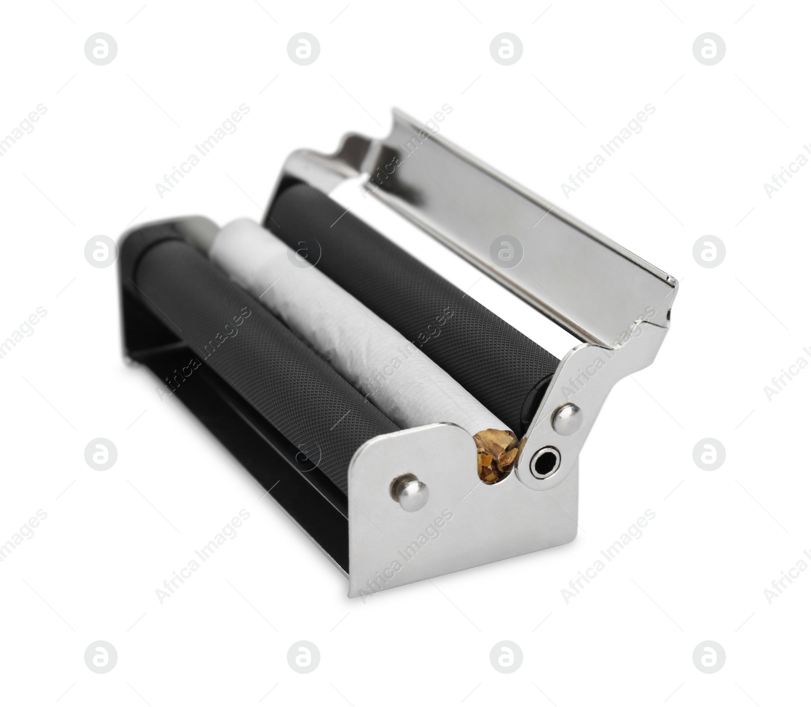 Photo of Manual roller with hand rolled tobacco cigarette isolated on white